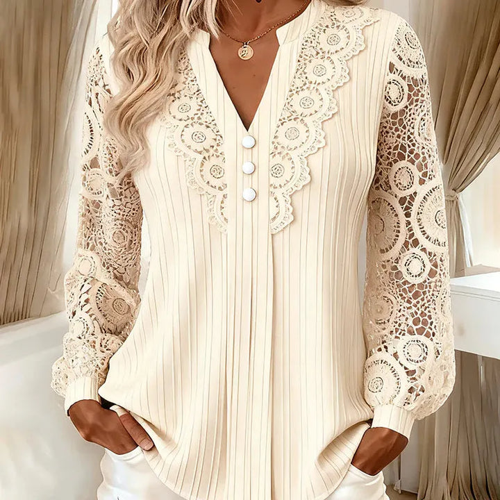 Caravelle - Pleated Lace Long Sleeve Blouse