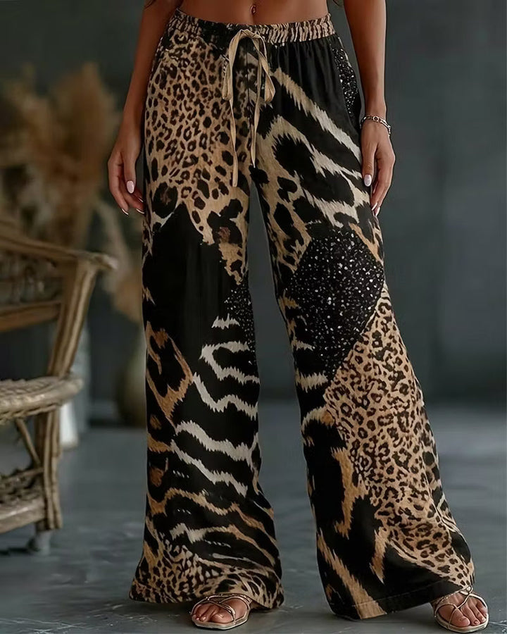 Elfrida - Soft-Touch Leopard Patchwork Wide-Leg Trousers